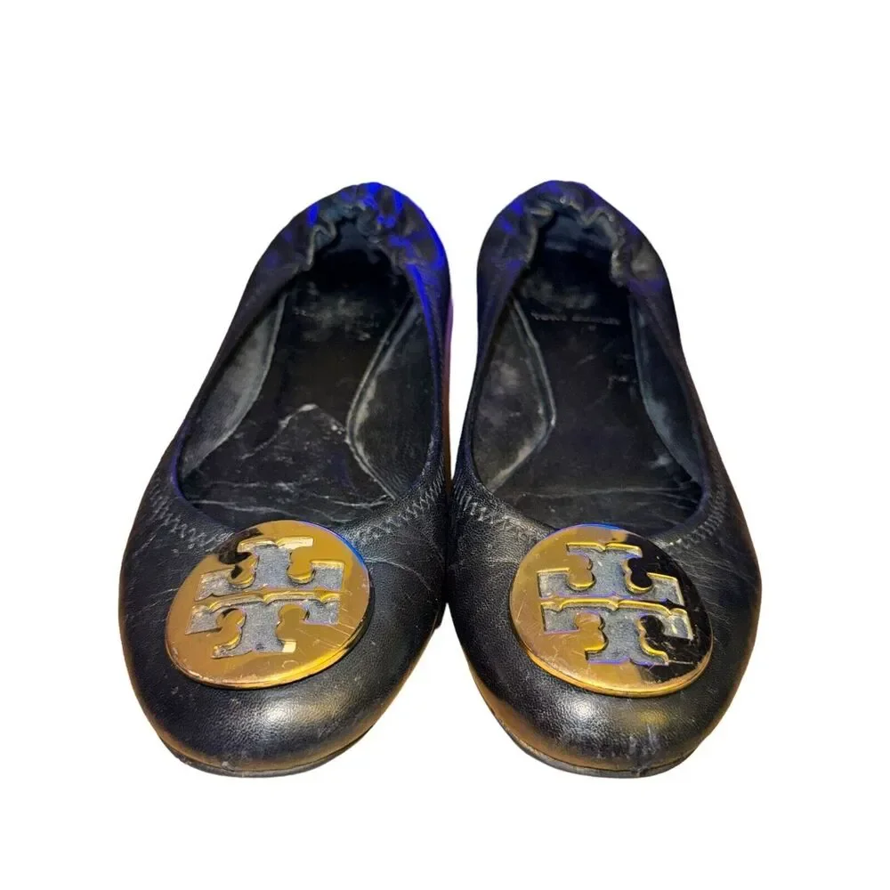 Tory Burch Minnie Travel Ballet Flat Women's Size 7 M Black Leather Slip On Shoe